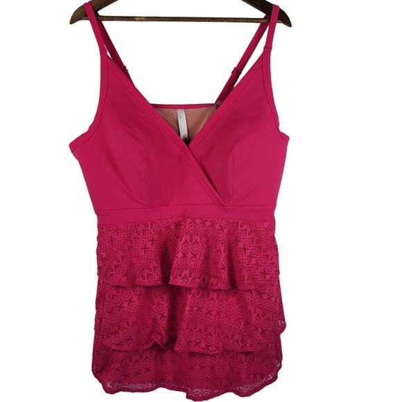 Cacique Swim Pink Ruffle Lightly Lined No Underwire Tanktni Women's 26 - Picture 1 of 5